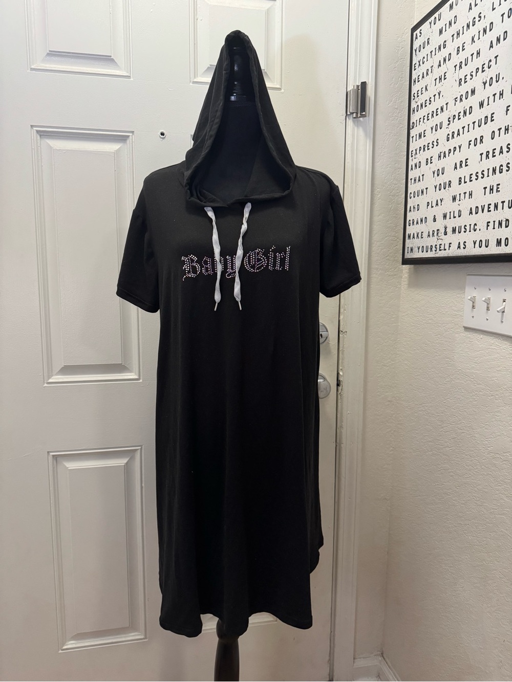 J for Justify Black 'Baby Girl' Hooded T-Shirt Dress with White Drawstrings 0053